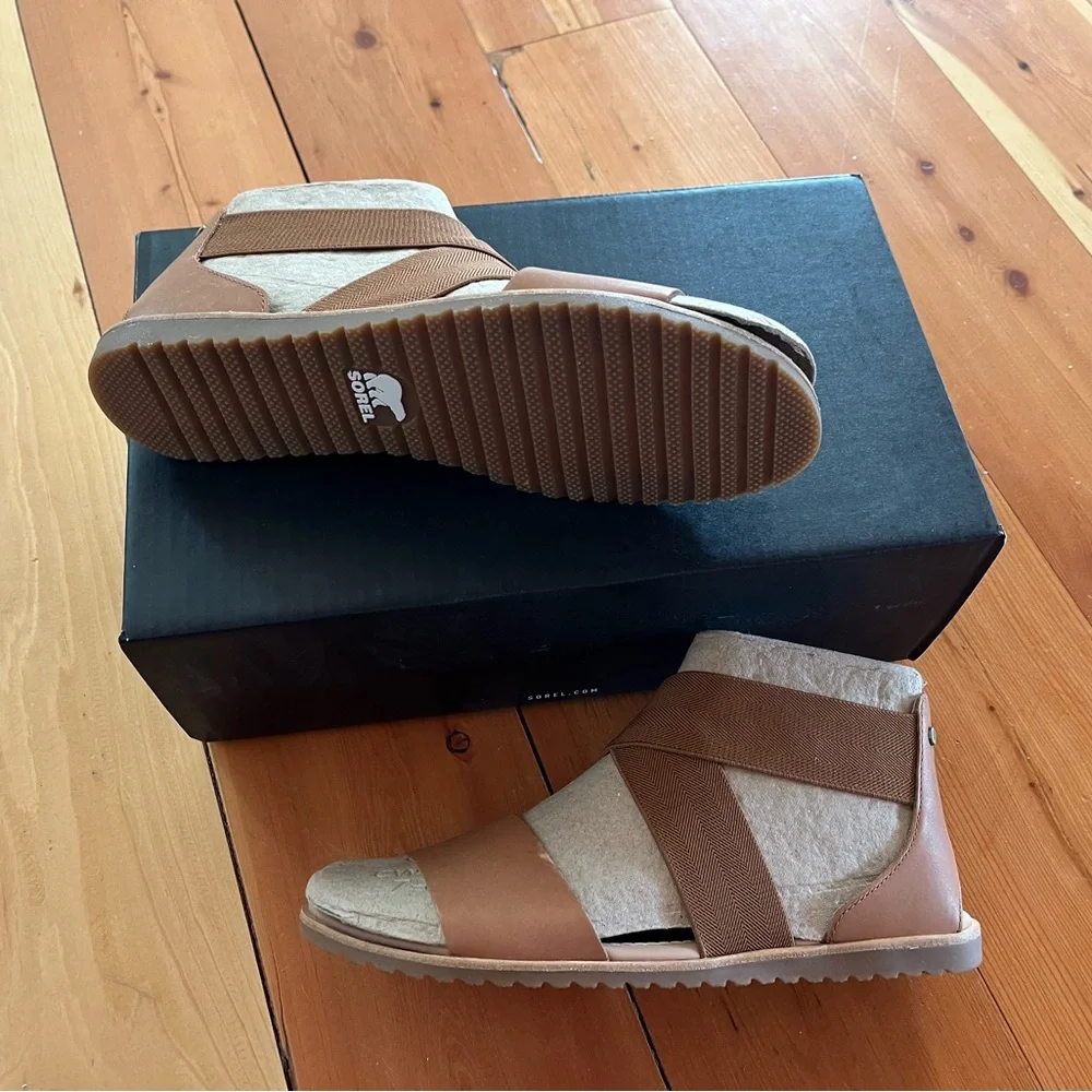 Sorel Brown Leather & Elastic Ankle Strap Sandals - Picture 2 of 3
